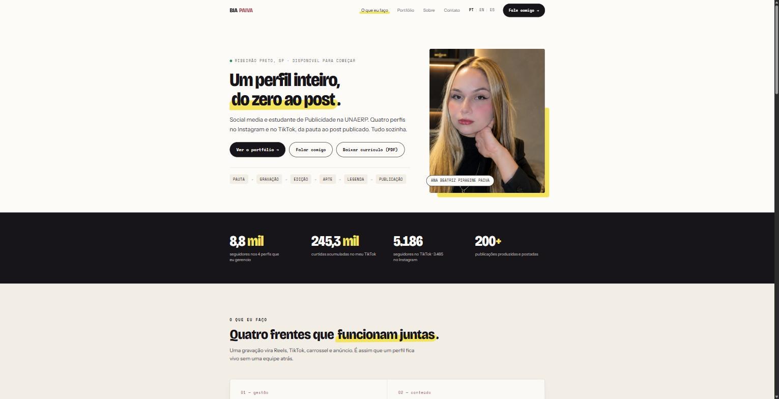 Página inicial do site da Bia Paiva, social media em Ribeirão Preto