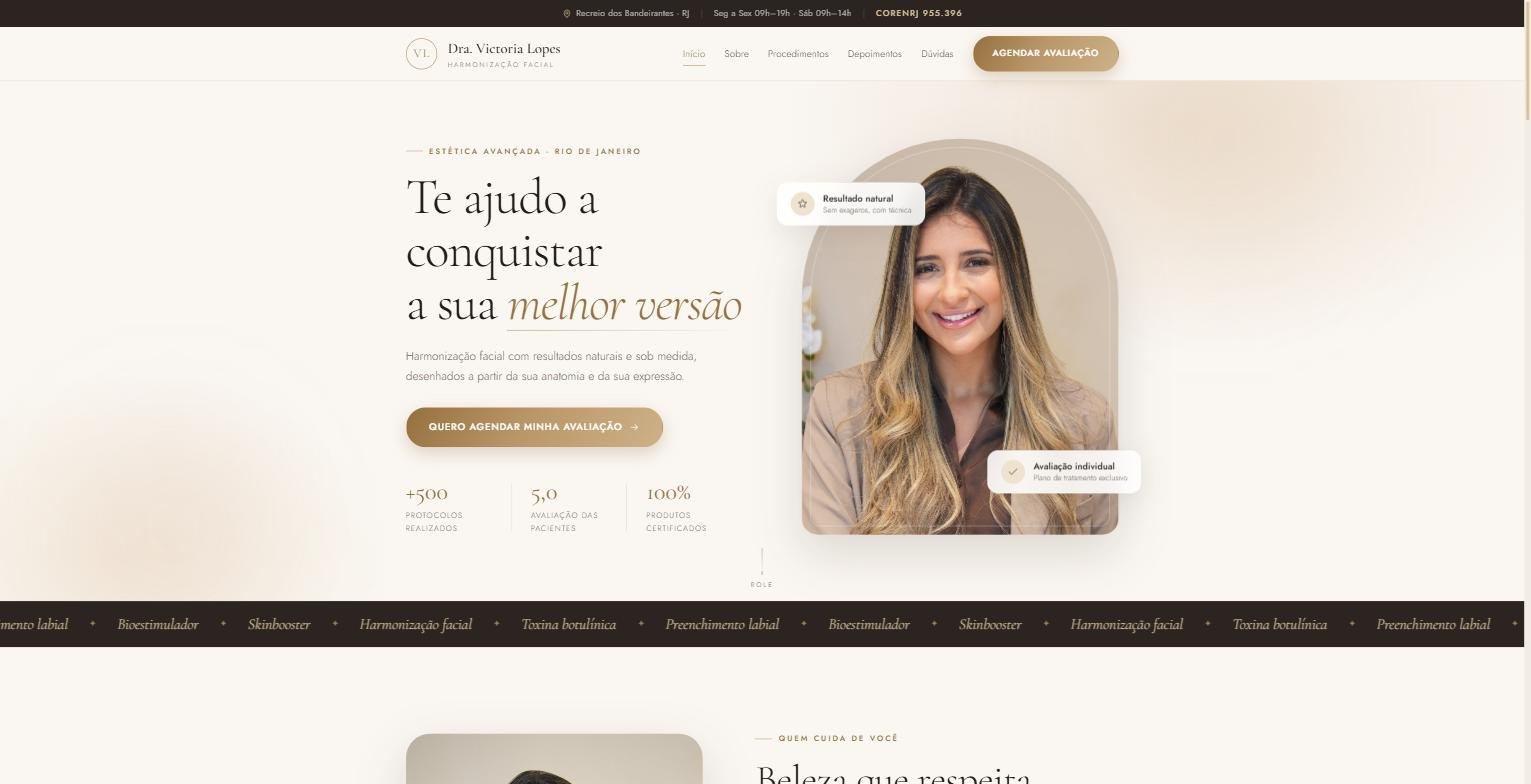 Página inicial do site da Dra. Victoria Lopes, clínica de harmonização facial